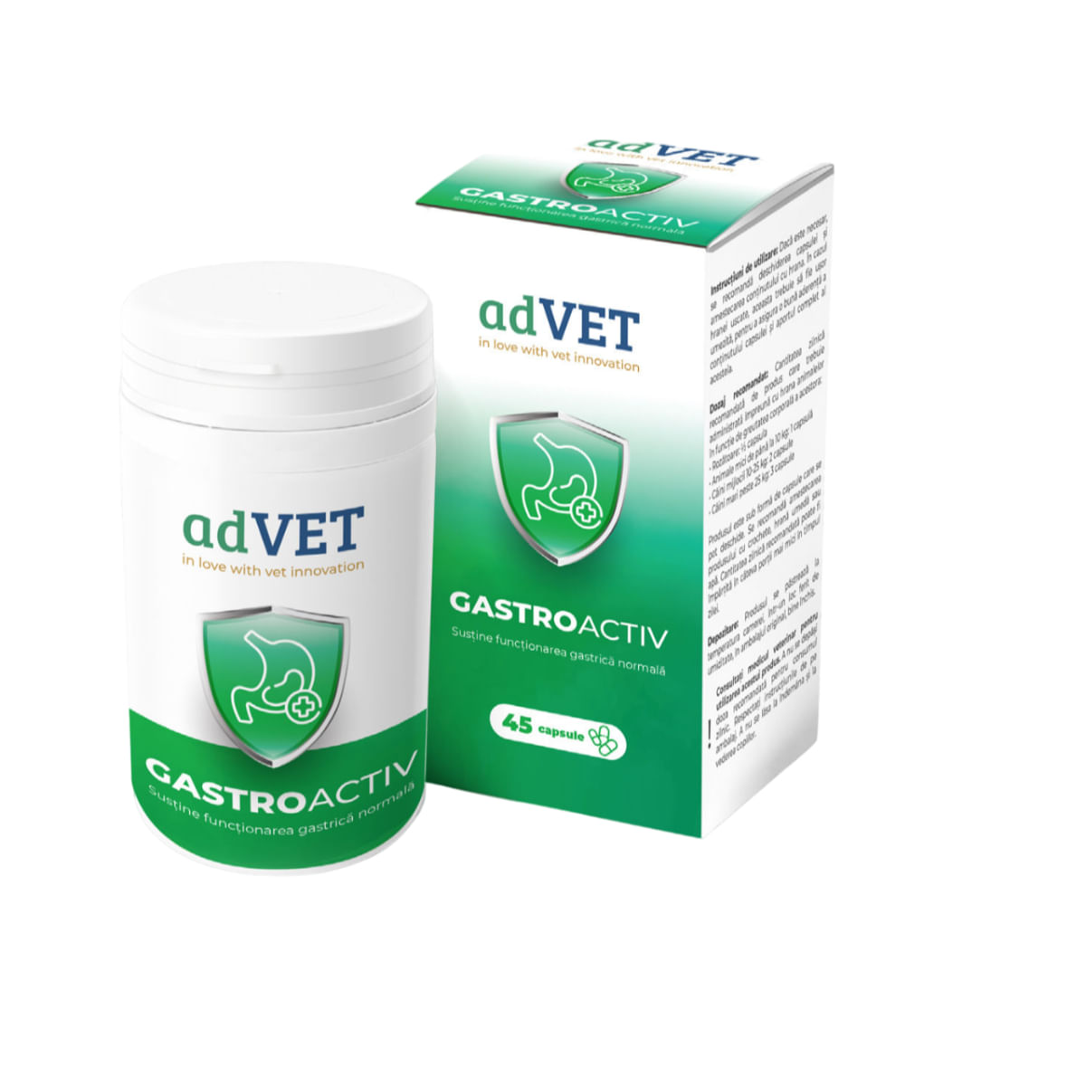 ADVET GastroActiv, supliment sistem digestiv câini, capsule ADVET GastroActiv, XS-XL, supliment sistem digestiv câini și pisici, flacon, 45 capsule - 1 | YEO