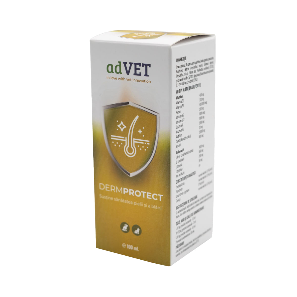 ADVET DermoProtect, supliment piele & blană, sistem imunitar câini, suspensie orală ADVET DermoProtect, XS-XL, supliment piele & blană, sistem imunitar câini și pisici, flacon cu aplicator, 100ml suspensie orală - 1 | YEO