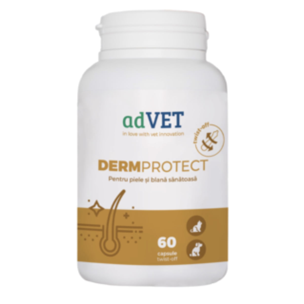 ADVET DermProtect Twist Off, supliment piele & blană câini, capsule ADVET DermProtect Twist Off, XS-XL, supliment piele & blană câini și pisici, flacon, 60 capsule - 1 | YEO