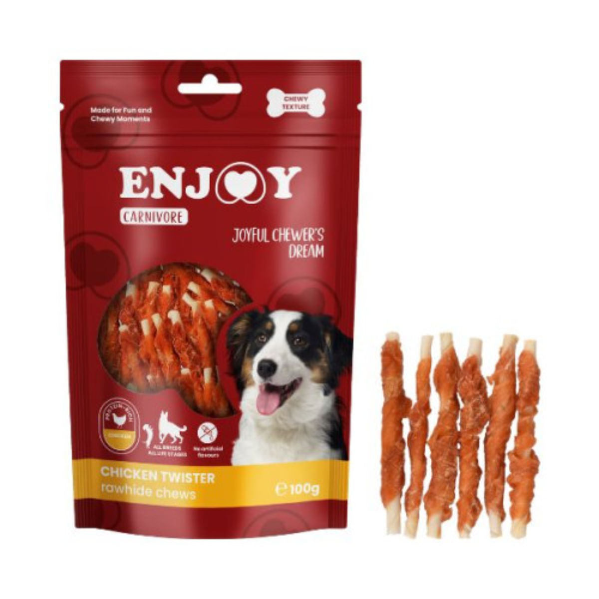 ENJOY Carnivore Twister Rawhide Chews, XS-XL, Pui, punguță recompense câini, 100g - 1 | YEO