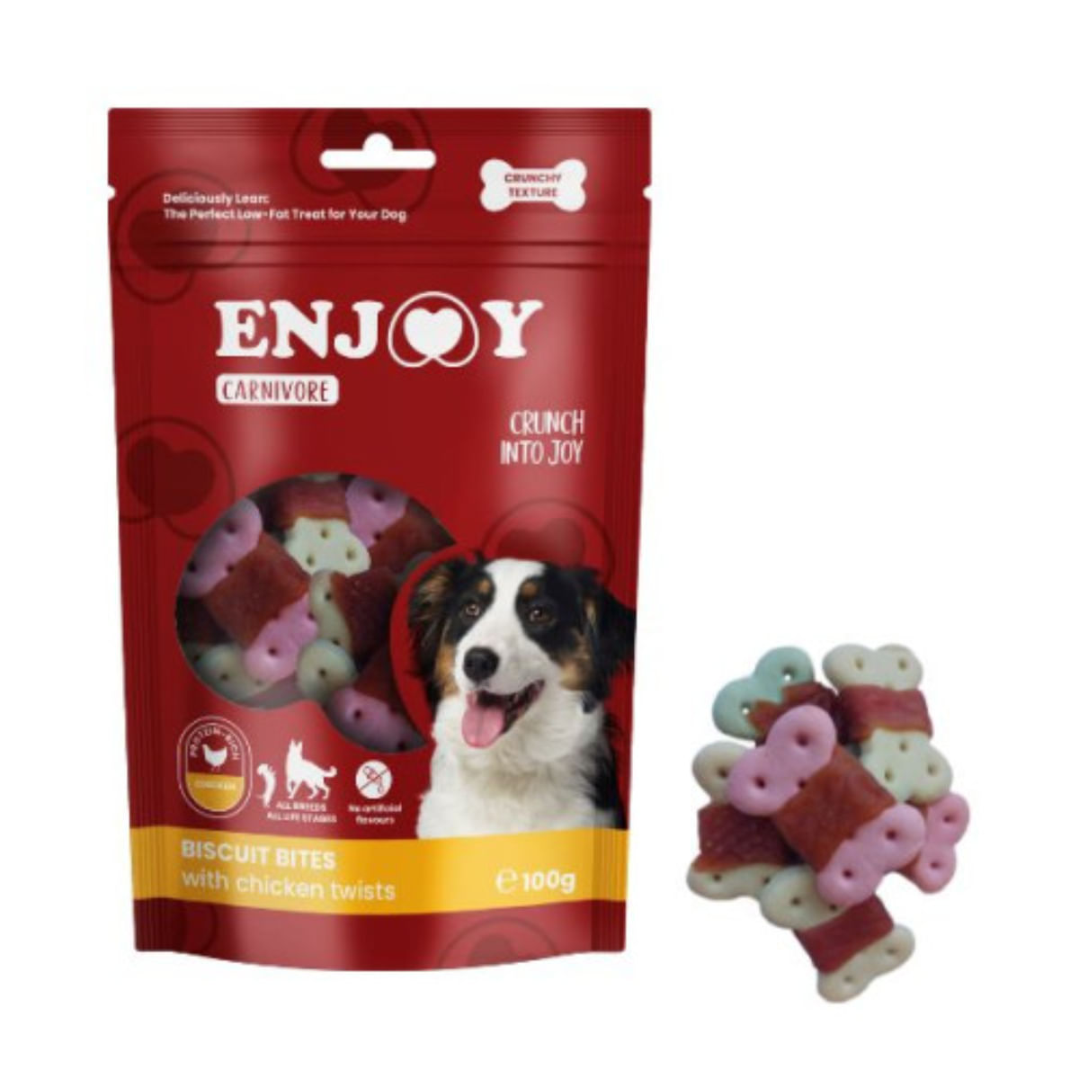 ENJOY Carnivore Biscuit Bits Twists, XS-XL, Pui, punguță recompense câini, 100g