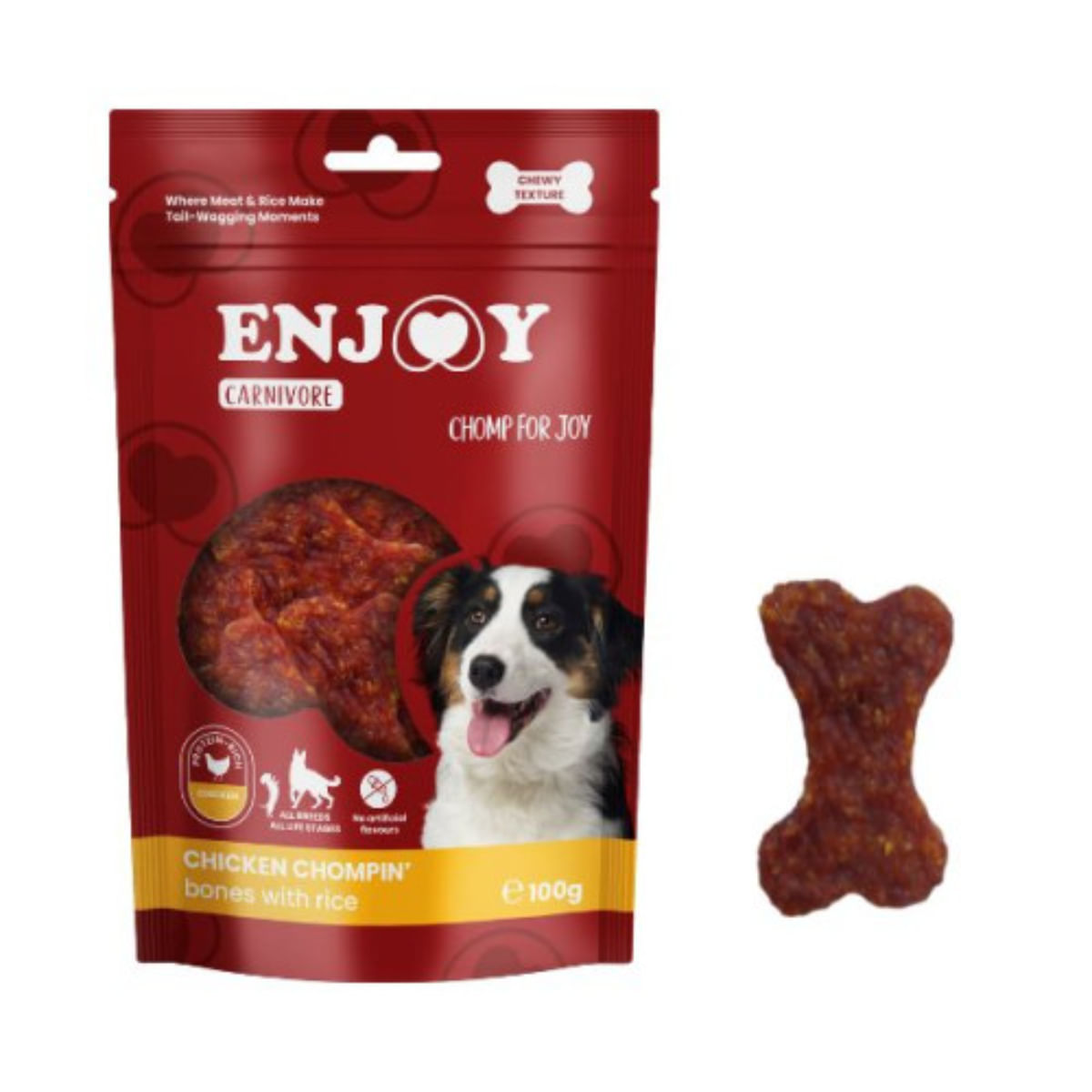 ENJOY Carnivore Chompin Bones, XS-XL, Pui și Orez, punguță recompense câini, 100g - 1 | YEO