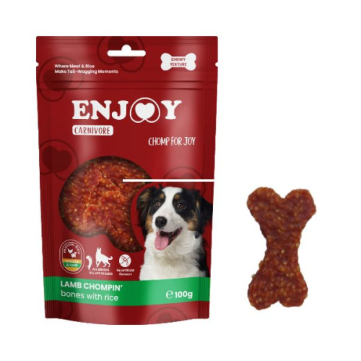 ENJOY Carnivore Chompin Bones, XS-XL, Miel și Orez, punguță recompense câini, 100g - 1 | YEO