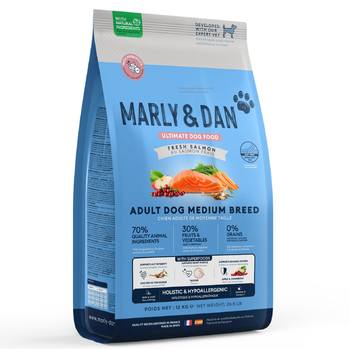 MARLY&DAN Adult Medium Breed, M, Somon, hrană uscată fără cereale câini, 12kg - 1 | YEO