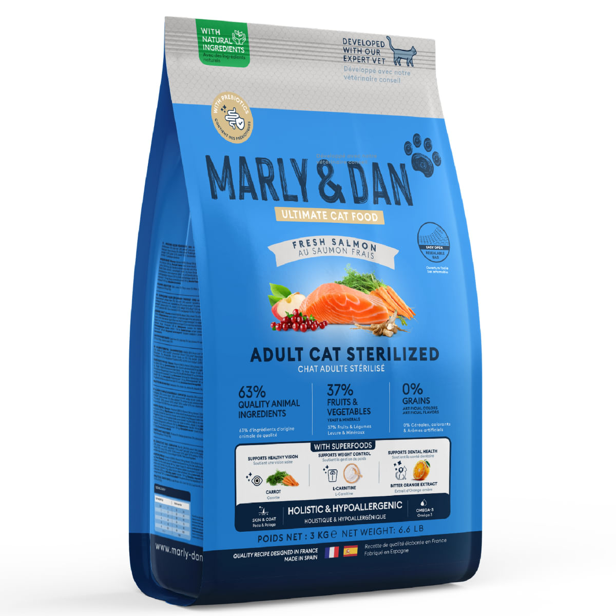 MARLY&DAN Sterilized , Somon, hrană uscată fără cereale pisici sterilizate, 1.5kg - 1 | YEO