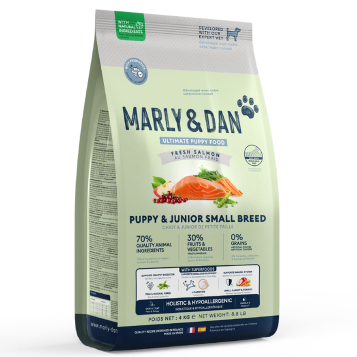 MARLY&DAN Puppy&Junior Small Breed, XS-S, Somon, hrană uscată fără cereale câini junior, 4kg - 1 | YEO
