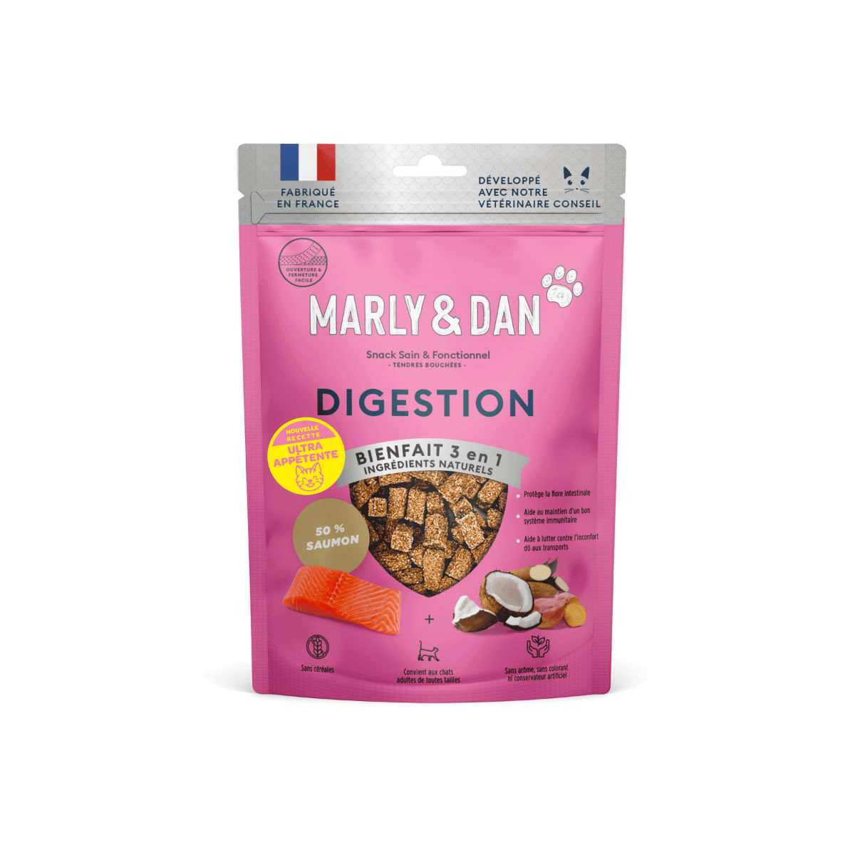 MARLY&DAN Digestion, Somon, punguță recompense funcționale fără cereale pisici, sistem digestiv, 40g