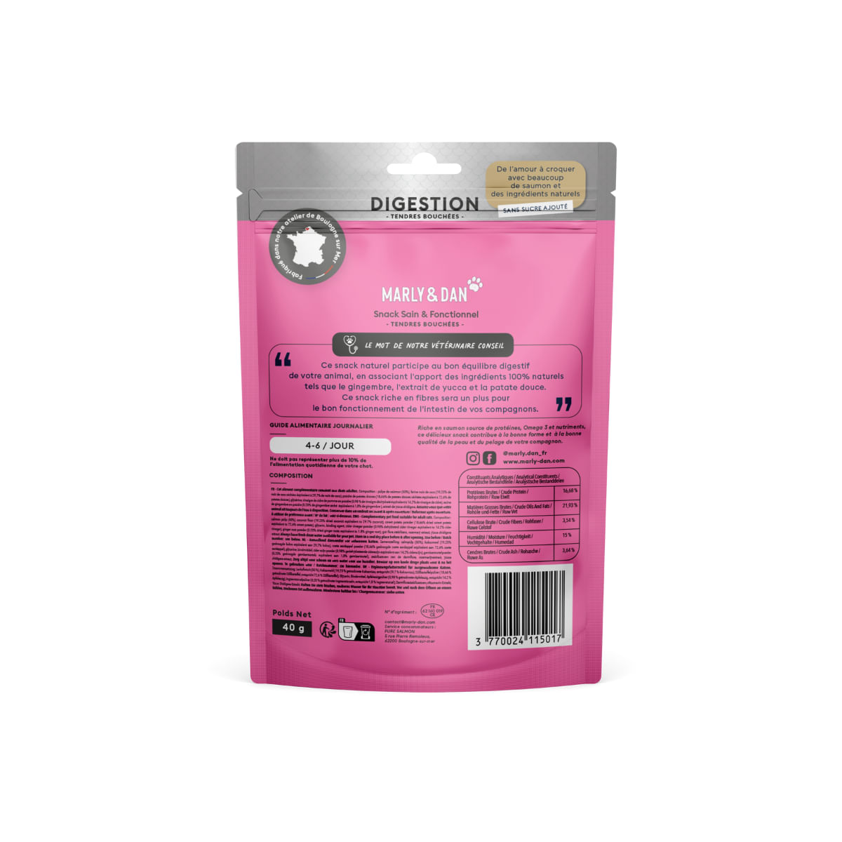 MARLY&DAN Digestion, Somon, punguță recompense funcționale fără cereale pisici, sistem digestiv, 40g - 2 | YEO