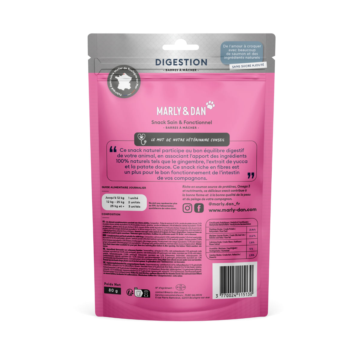 MARLY&DAN Digestion, M-XL, Somon, punguță recompense funcționale fără cereale câini, sistem digestiv, 80g - 2 | YEO