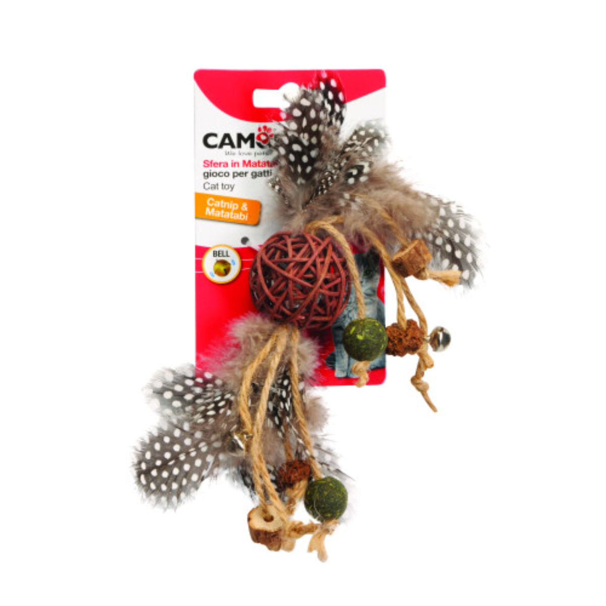 CAMON Matabi Minge cu Franghie&Clopotei, jucărie stimulare pândă pisici, cu sunet, catnip, iută, multicolor, 24cm, 1buc