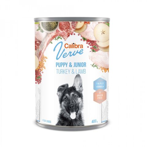 CALIBRA Verve GF Puppy&Junior, XS-XL, Curcan și Miel, conservă hrană umedă fără cereale câini junior, (pate), 400g