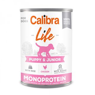CALIBRA Life Puppy&Junior, XS-XL, Pui și Orez, conservă hrană umedă monoproteică câini junior, (pate), 400g