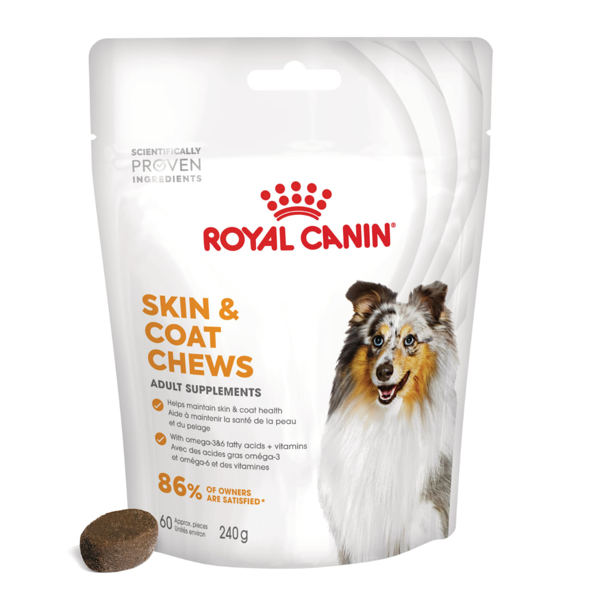ROYAL CANIN Skin & Coat chews Adult Supplements, punguță recompense funcționale câini, piele & blană, 240g