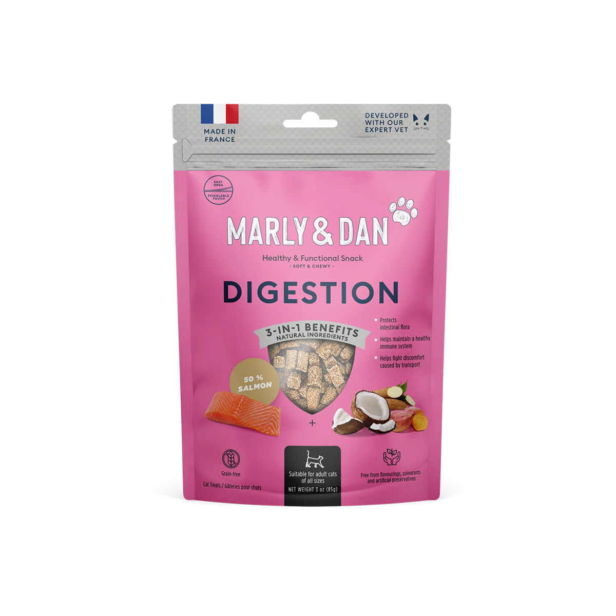 MARLY&DAN Digestion, Somon, punguță recompense funcționale fără cereale pisici, sistem digestiv, 40g - 1 | YEO