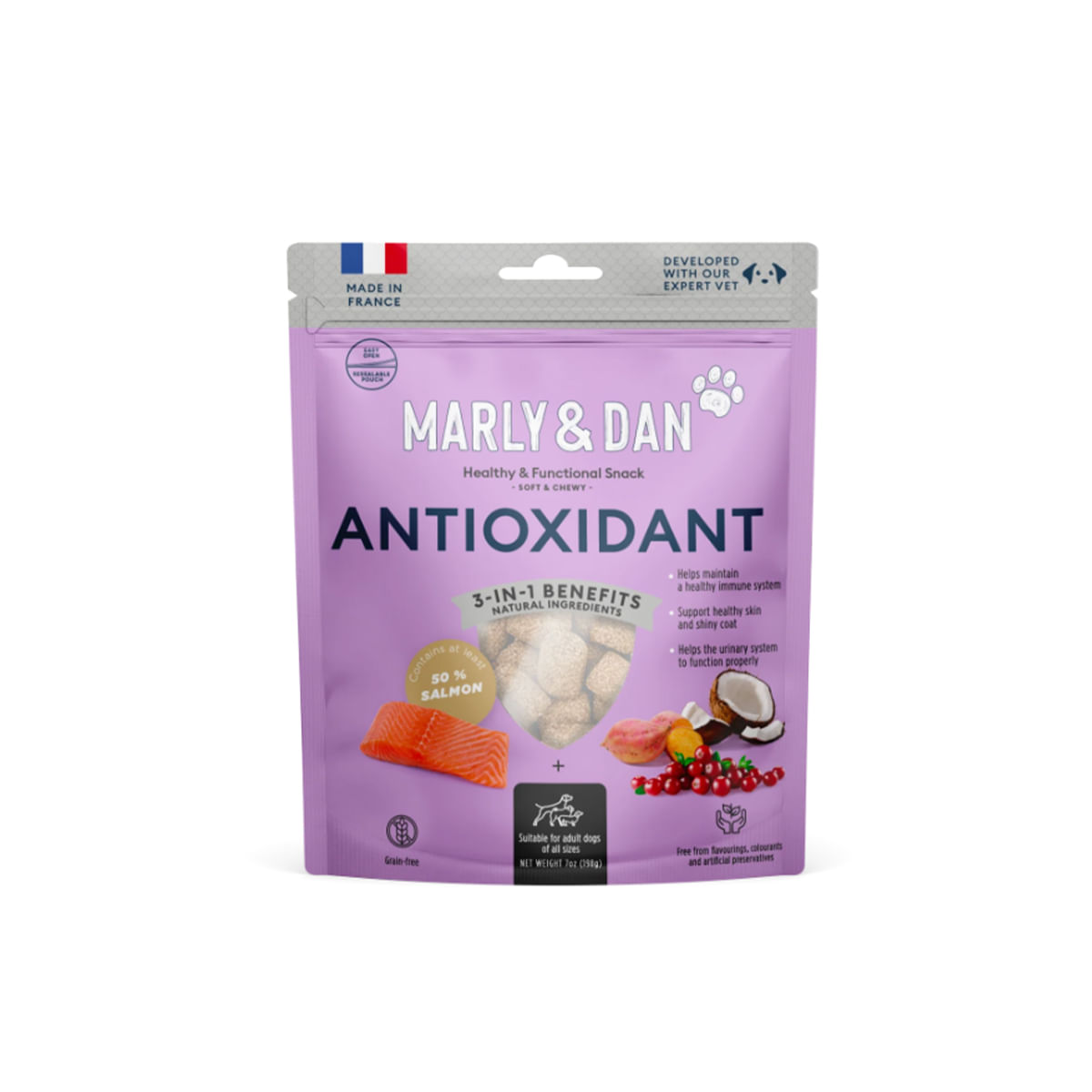 MARLY&DAN Antioxidant, XS-XL, Somon, punguță recompense funcționale fără cereale câini, activitate intensă, 100g - 1 | YEO