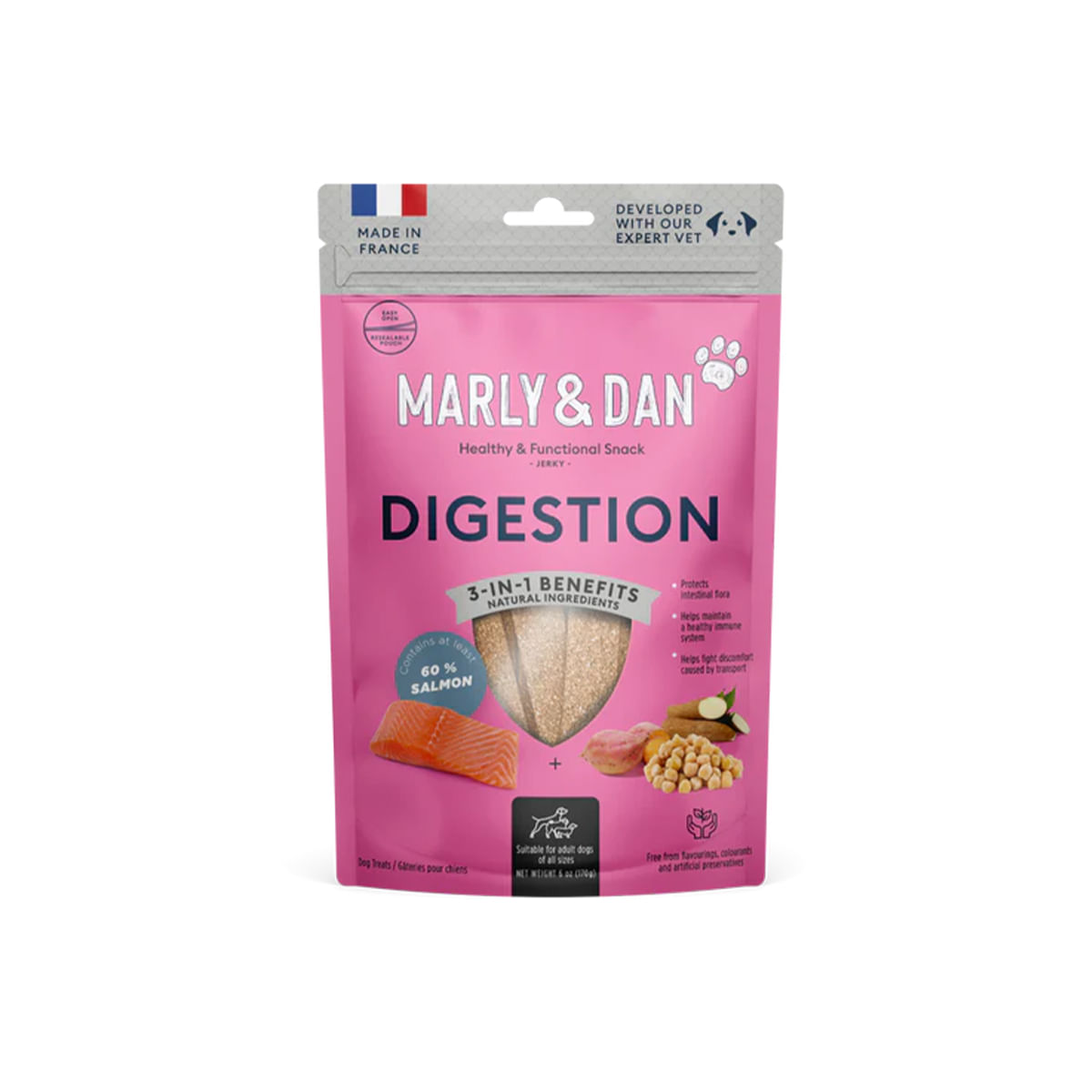 MARLY&DAN Digestion, M-XL, Somon, punguță recompense funcționale fără cereale câini, sistem digestiv, 80g - 1 | YEO
