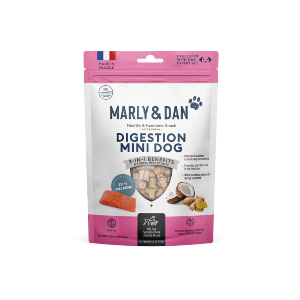 MARLY&DAN Digestion Mini Dog, XS-S, Somon, punguță recompense funcționale fără cereale câini, sistem digestiv, 50g - 1 | YEO
