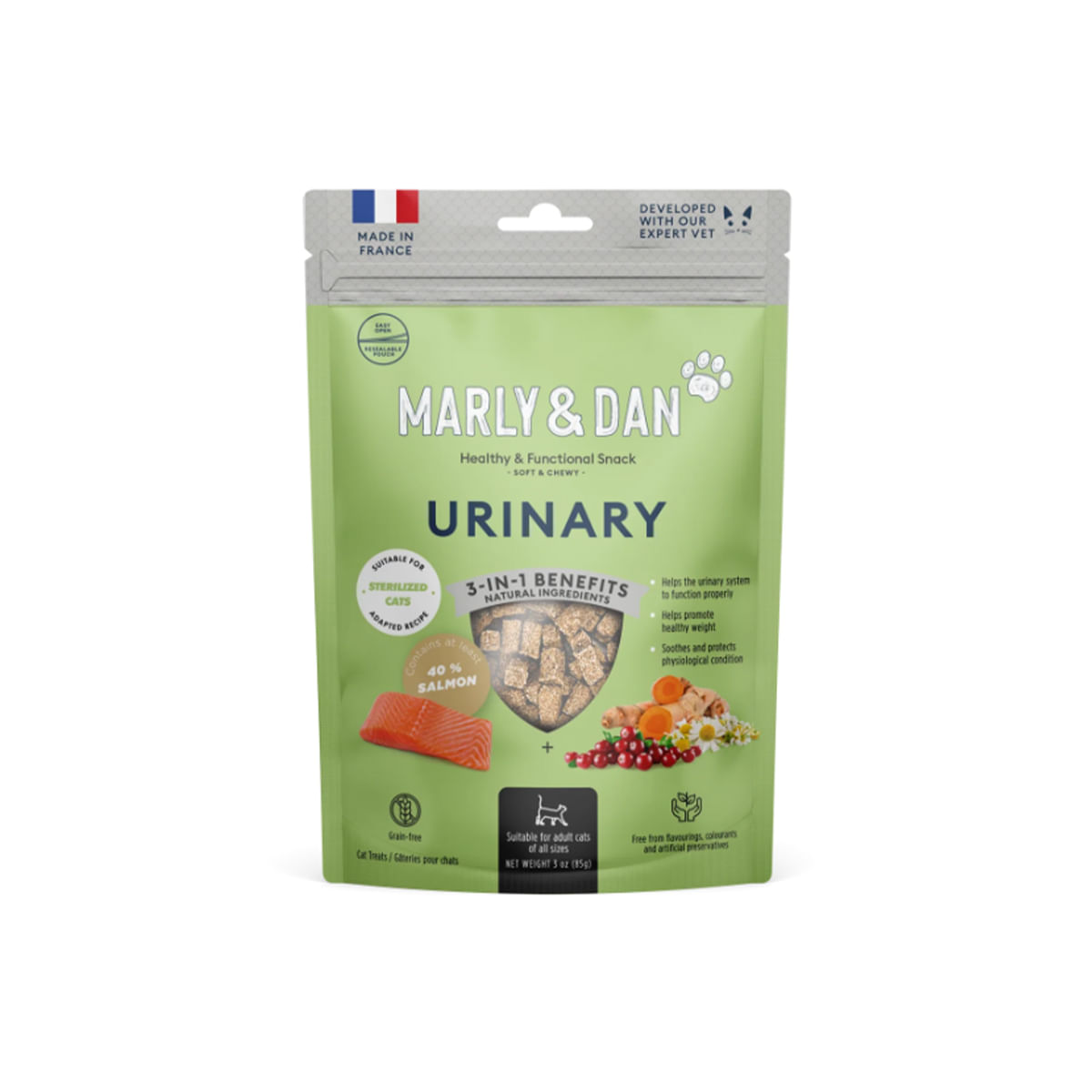 MARLY&DAN Urinary, Somon, punguță recompense funcționale fără cereale pisici sterilizate, sistem urinar, 40g