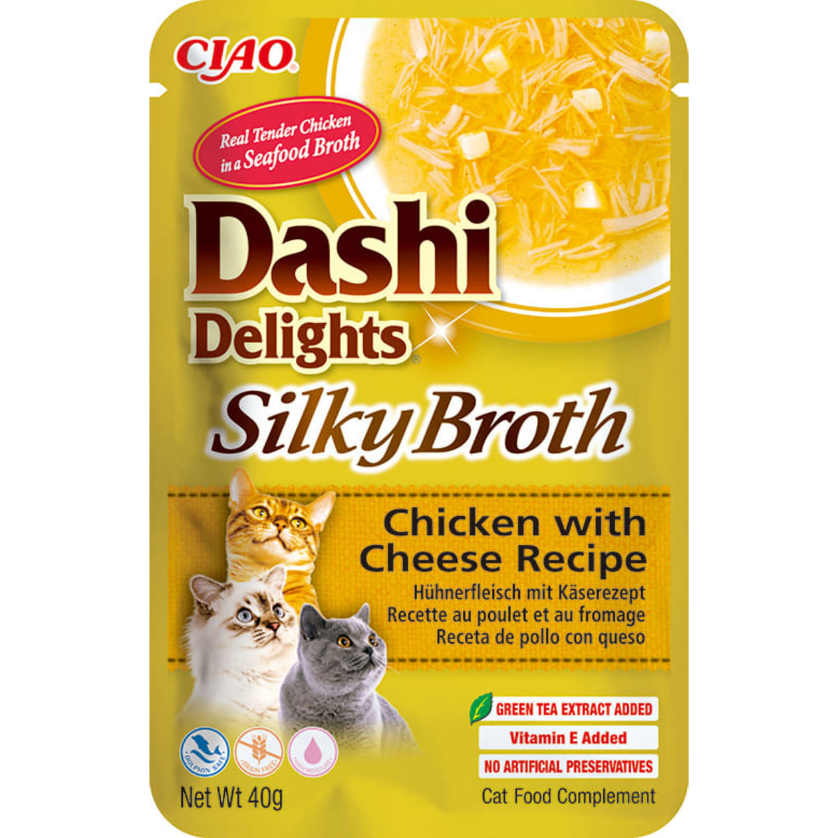 INABA Churu Dashi Delights Silky Broth, Pui și Brânză, plic hrană umedă fără cereale pisici, (topping), 40g - 1 | YEO