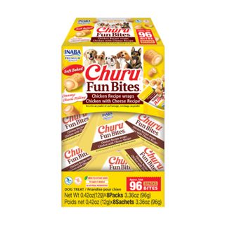 INABA Churu Fun Bites, XS-XL, Pui și Brânză, cutie recompense fără cereale câini, 96g