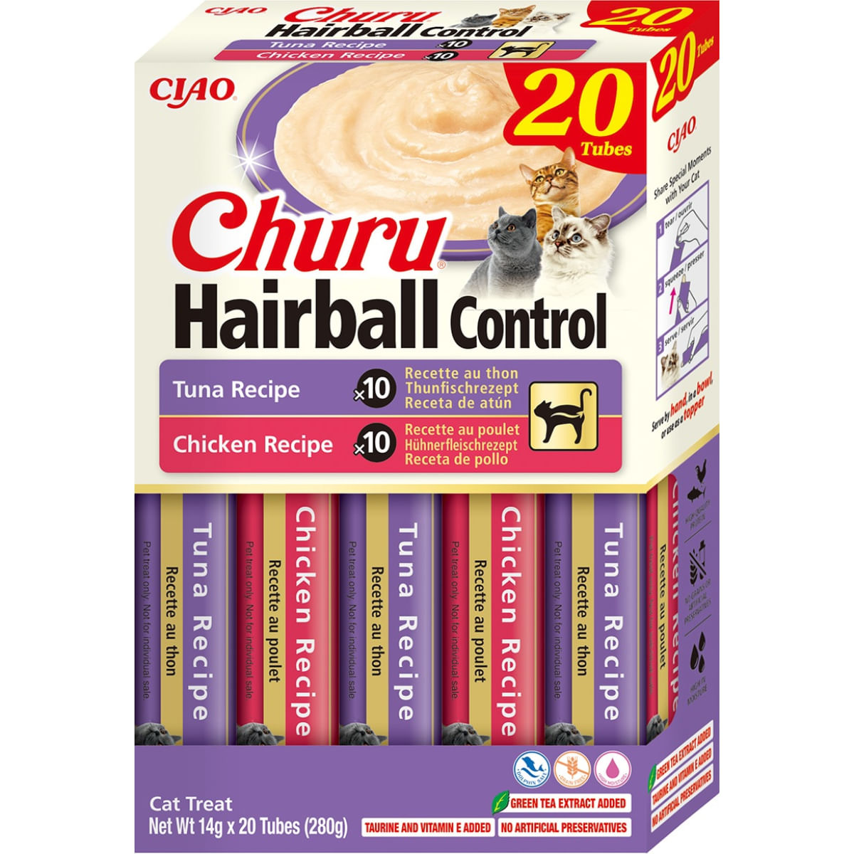 INABA Churu Hairball Control Varieties, Pui și Ton, cutie recompense fără cereale pisici, limitarea ghemurilor de blană, (piure), 280g - 1 | YEO