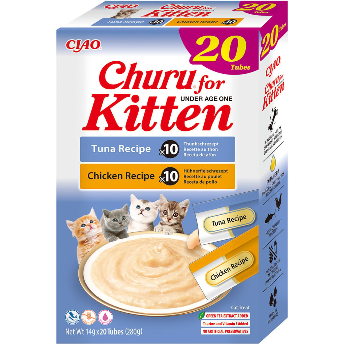 INABA Churu Creamy Kitten Varieties, Pui și Ton, cutie recompense fără cereale pisici junior, (piure), 280g - 1 | YEO