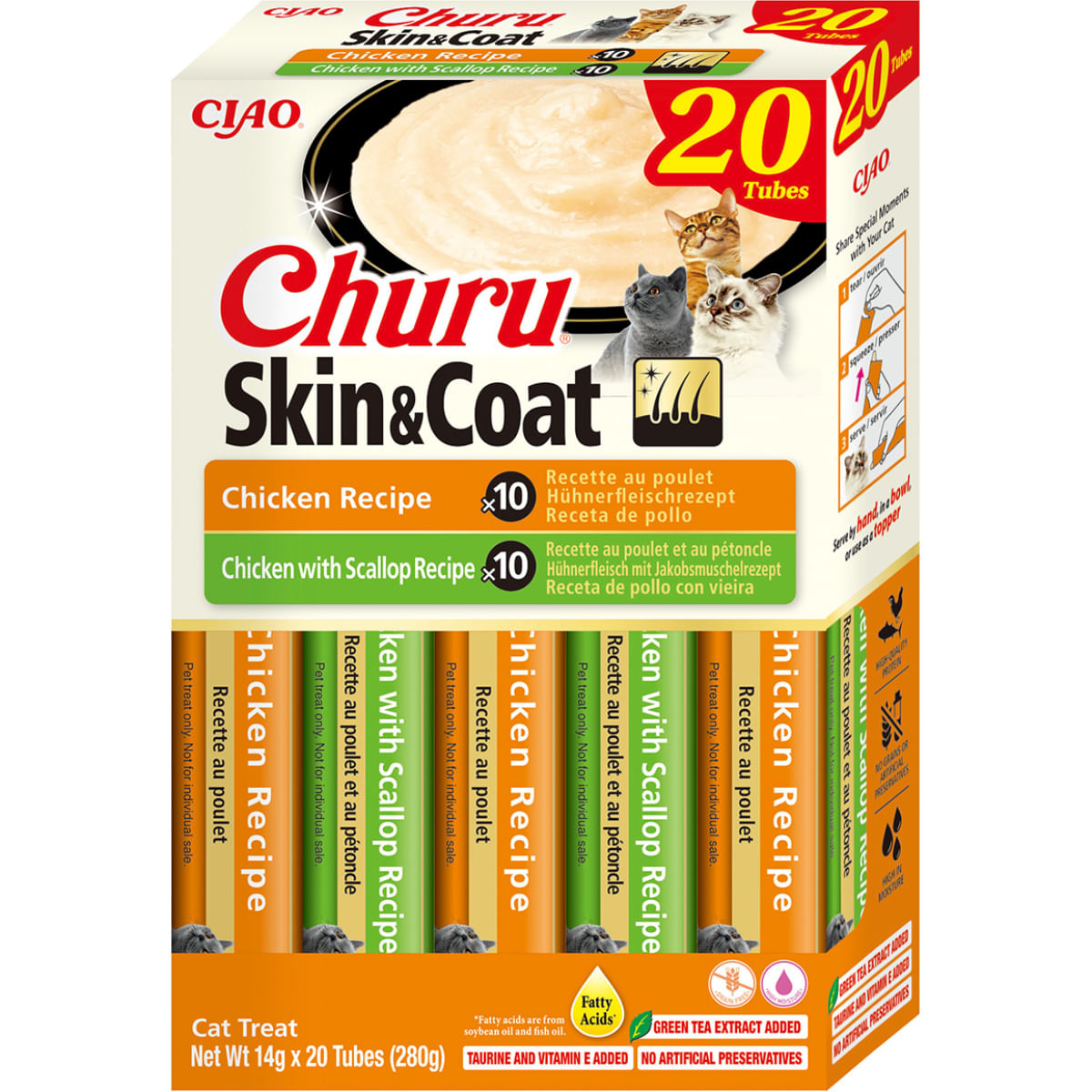 INABA Churu Skin&Coat Chicken Varieties, Pui, cutie recompense fără cereale pisici, (piure), 280g