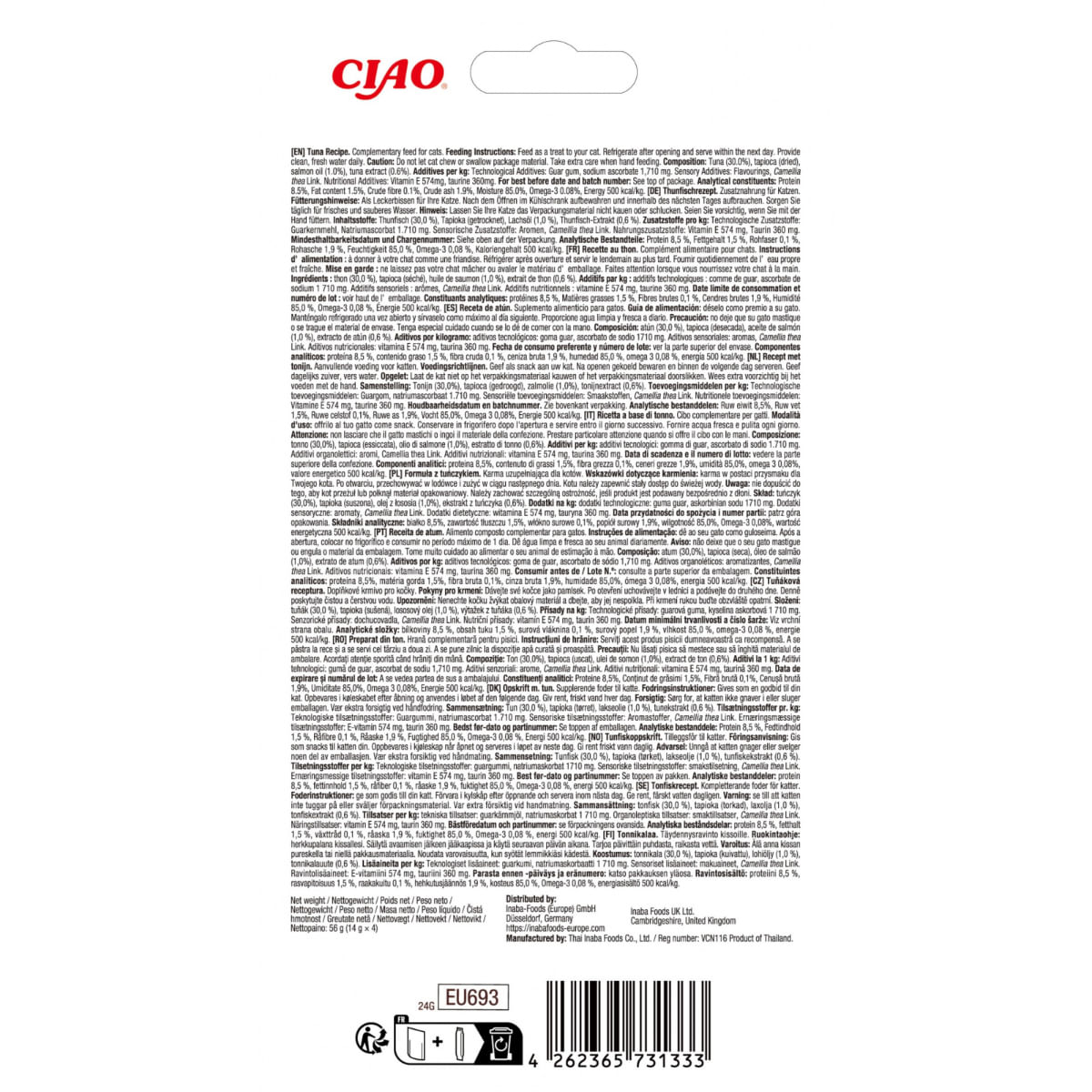 INABA Churu Creamy Senior, Ton, plic recompense fără cereale pisici senior, (piure), 56g - 2 | YEO