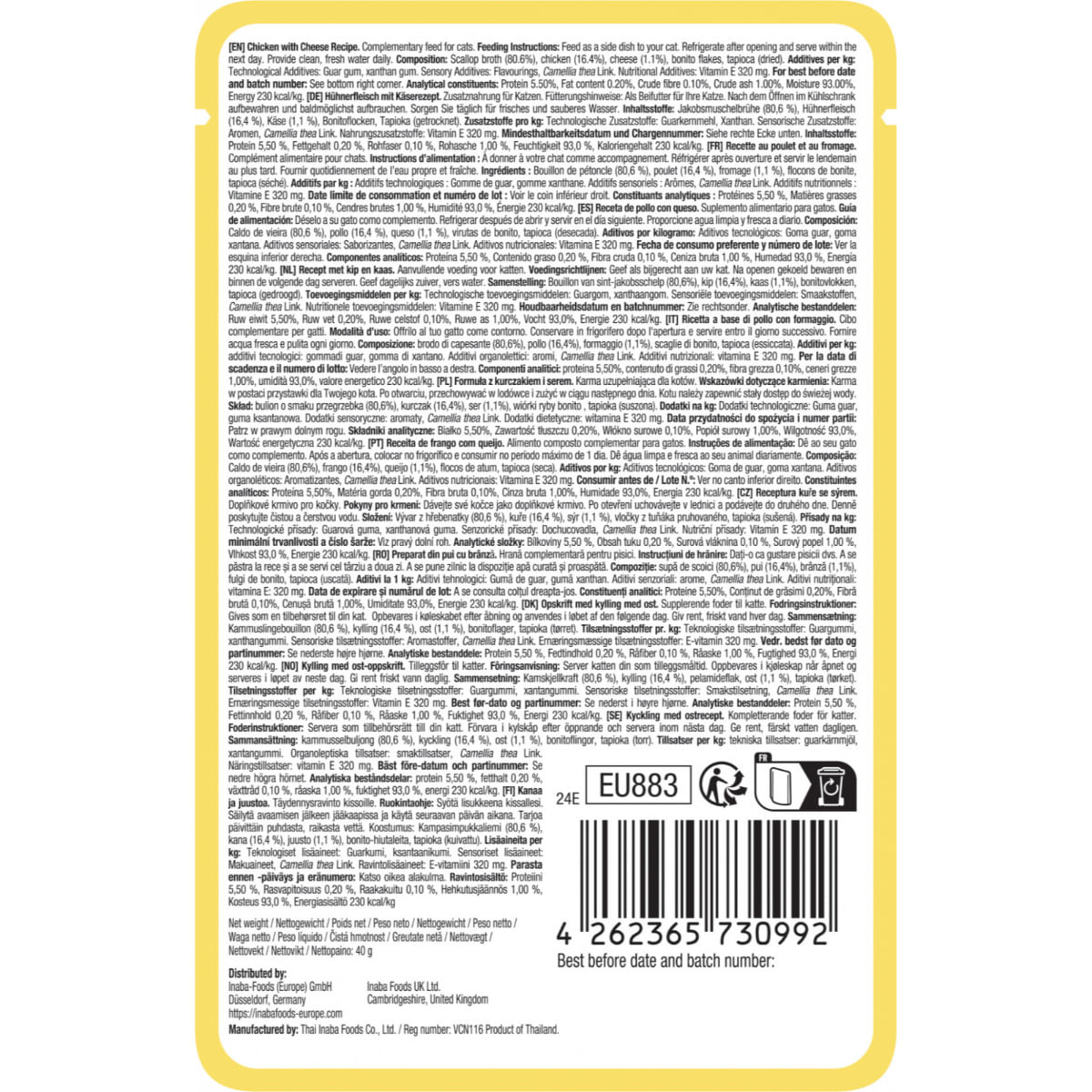INABA Churu Dashi Delights Silky Broth, Pui și Brânză, plic hrană umedă fără cereale pisici, (topping), 40g