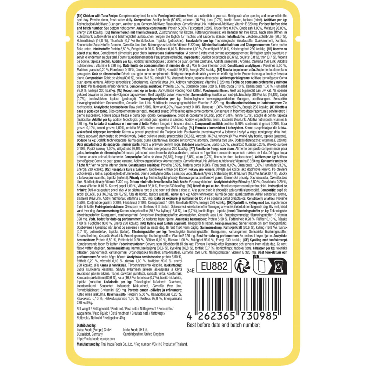 INABA Churu Dashi Delights Silky Broth, Pui și Ton, plic hrană umedă fără cereale pisici, (topping), 40g