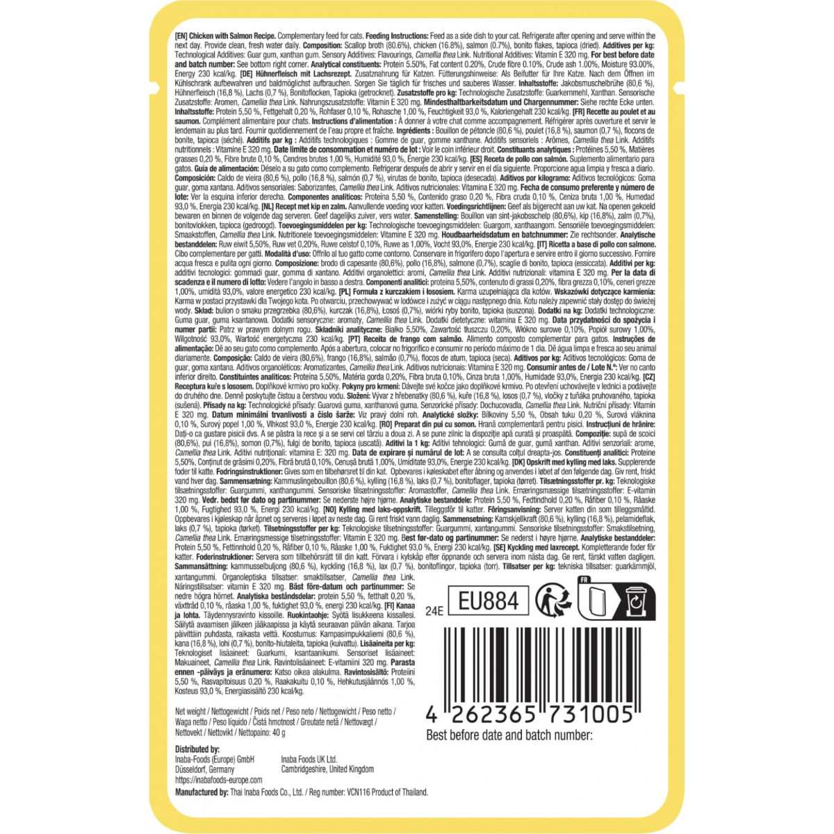 INABA Churu Dashi Delights Silky Broth, Pui și Somon, plic hrană umedă fără cereale pisici, (topping), 40g