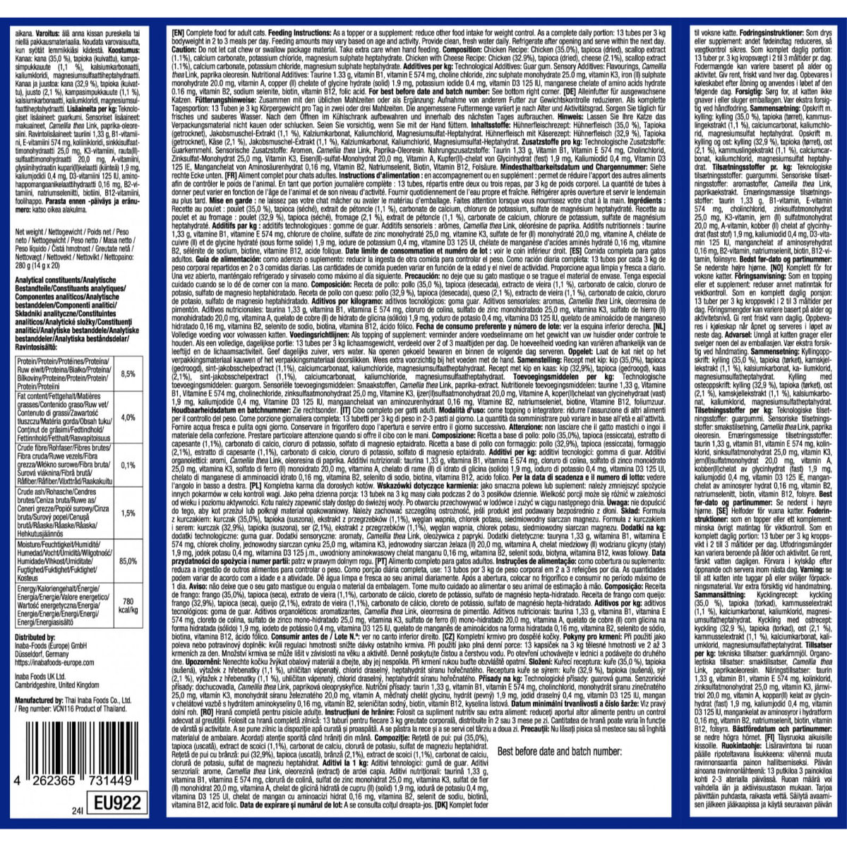 INABA Churu Meal Topper Varieties, Pui, cutie hrană umedă fără cereale pisici, (topping), 280g - 2 | YEO