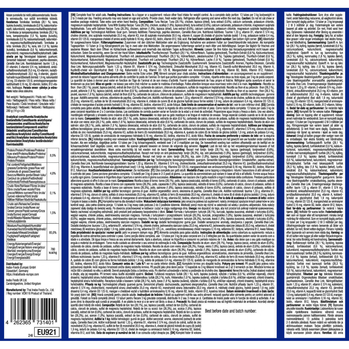 INABA Churu Meal Topper Varieties, Ton, cutie hrană umedă fără cereale pisici, (topping), 280g - 2 | YEO