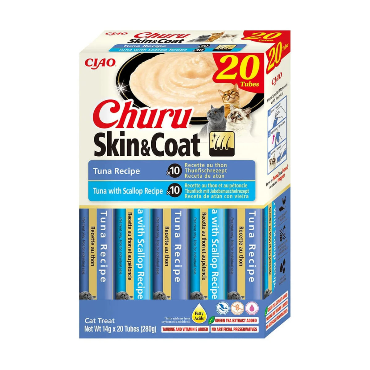INABA Churu Skin&Coat Tuna Varieties, Ton, cutie recompense fără cereale pisici, (piure), 280g - 1 | YEO