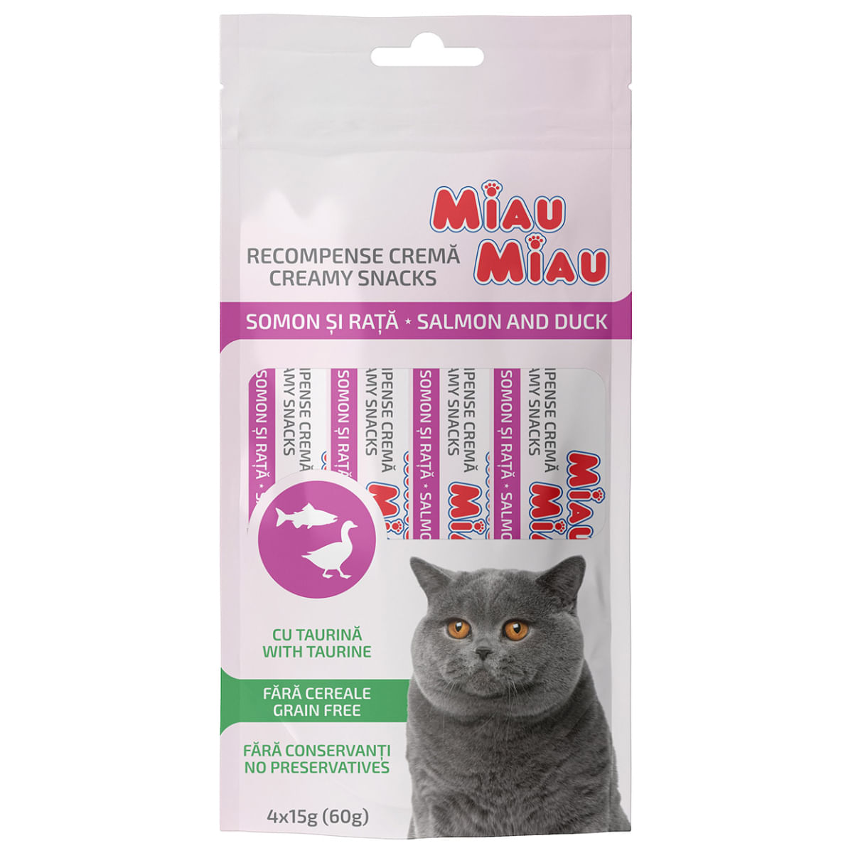 MIAU MIAU Creamy Snacks, Somon și Rață, recompense fără cereale pisici, (piure), 60g - 1 | YEO