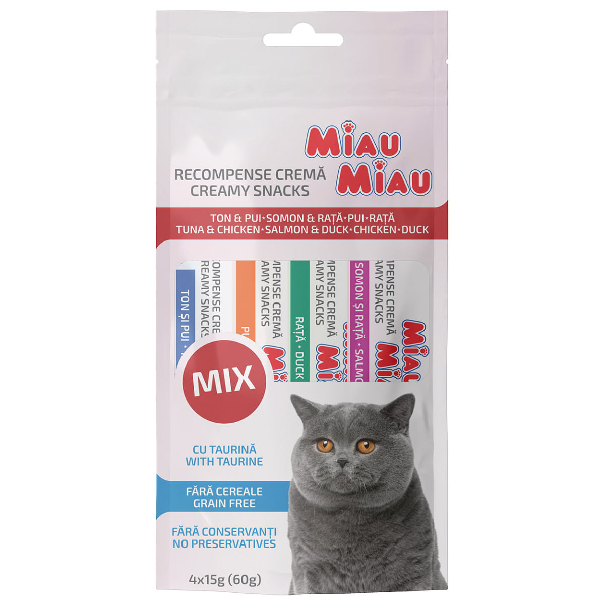 MIAU MIAU Creamy Snacks Mix Ton, Pui, Somon și Rață, recompense fără cereale pisici, (piure), 60g - 1 | YEO