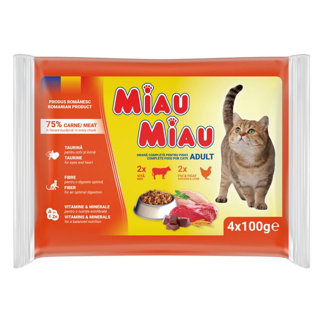 MIAU MIAU Mixt, Vită și Pui, plic hrană umedă pisici, (în sos), multipack, 100g x 4buc