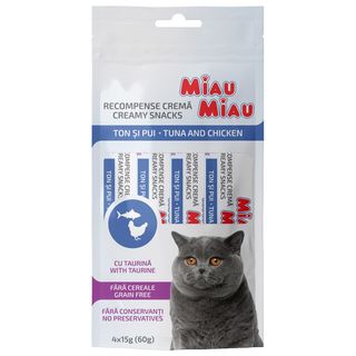 MIAU MIAU Creamy Snacks, Ton și Pui, recompense fără cereale pisici, (piure), 60g
