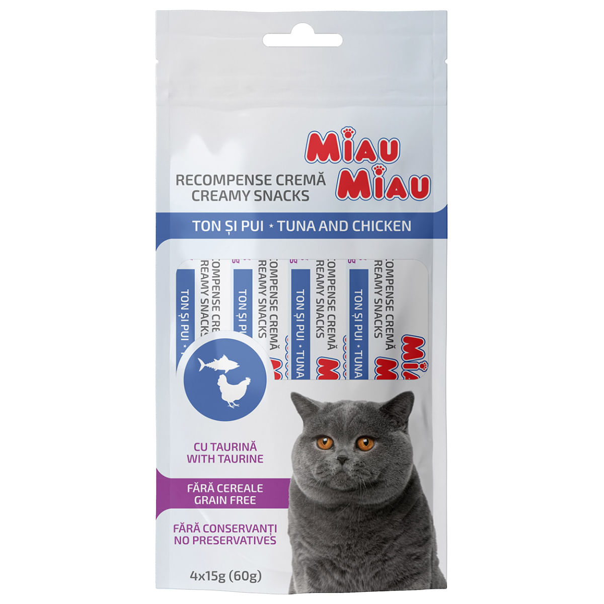 MIAU MIAU Creamy Snacks, Ton și Pui, recompense fără cereale pisici, (piure), 60g - 1 | YEO
