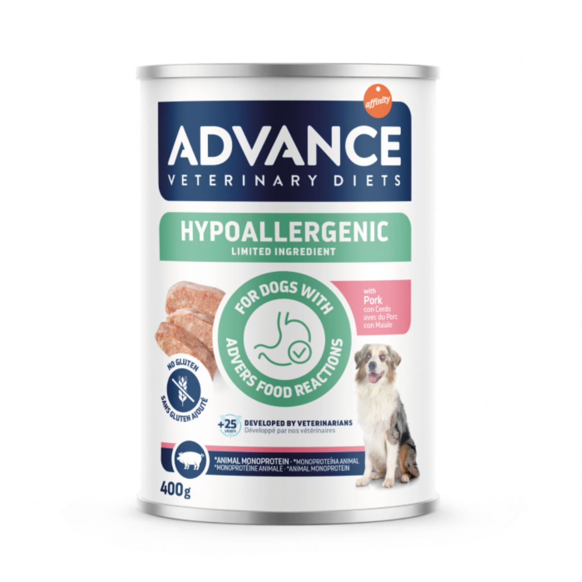 ADVANCE VETERINARY DIETS Hypoalergenic, XS-XL, Porc, dietă veterinară, conservă hrană umedă câini, alergii, (pate), 400g