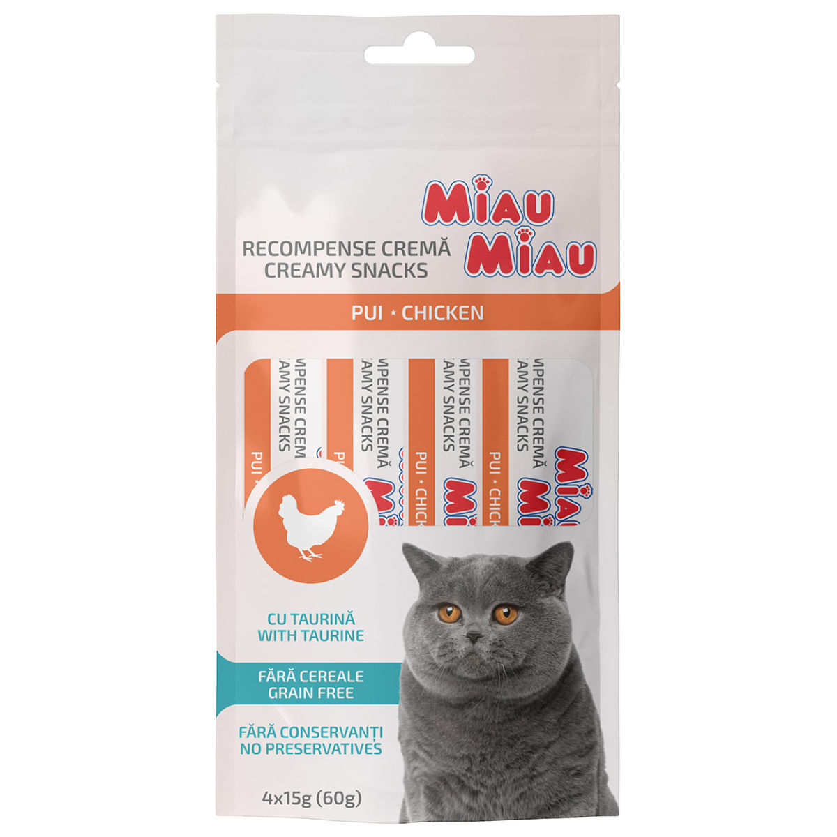 MIAU MIAU Creamy Snacks, Pui, recompense fără cereale pisici, (piure), 60g - 1 | YEO