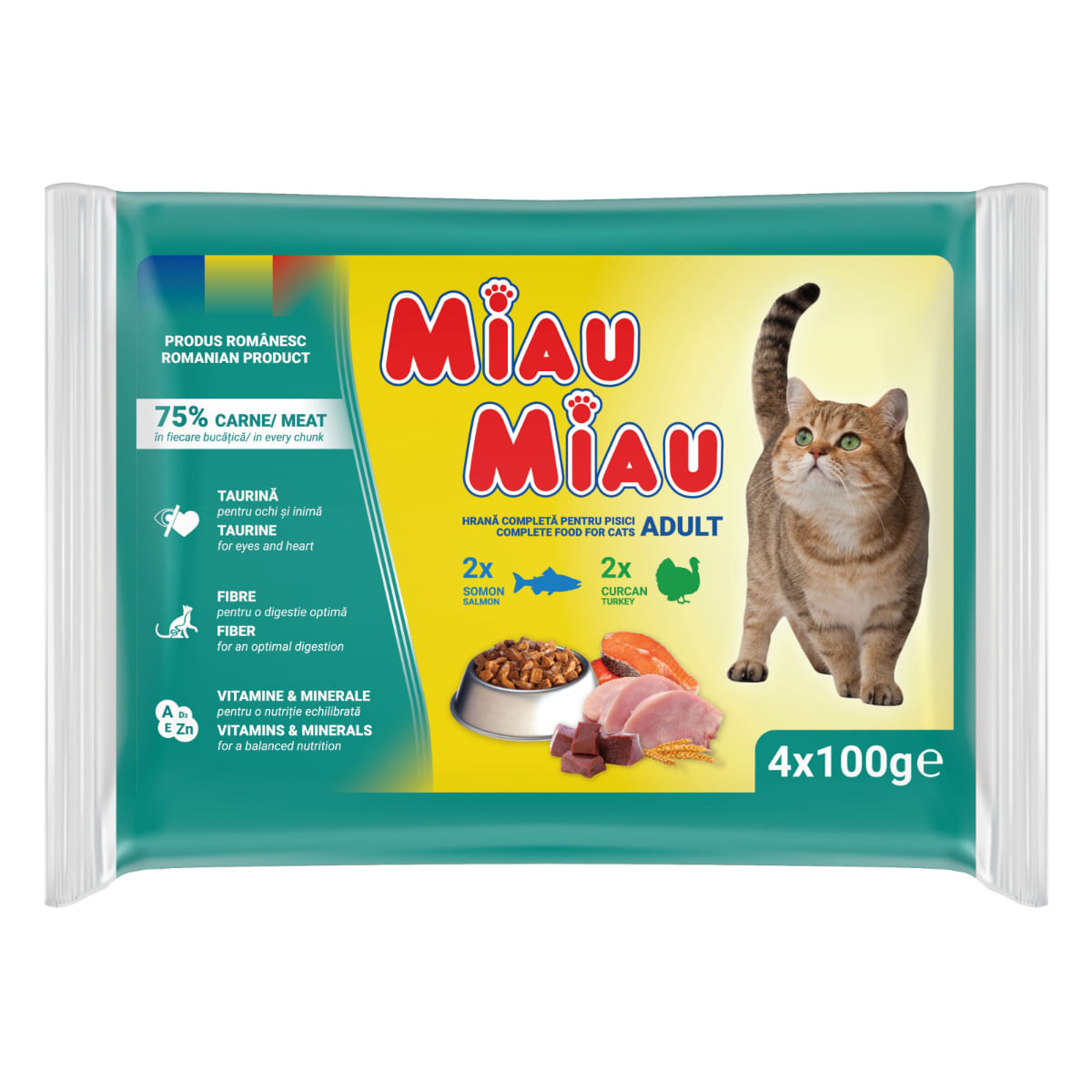 MIAU MIAU Mixt, Curcan și Somon, plic hrană umedă pisici, (în sos), multipack, 100g x 4buc - 1 | YEO