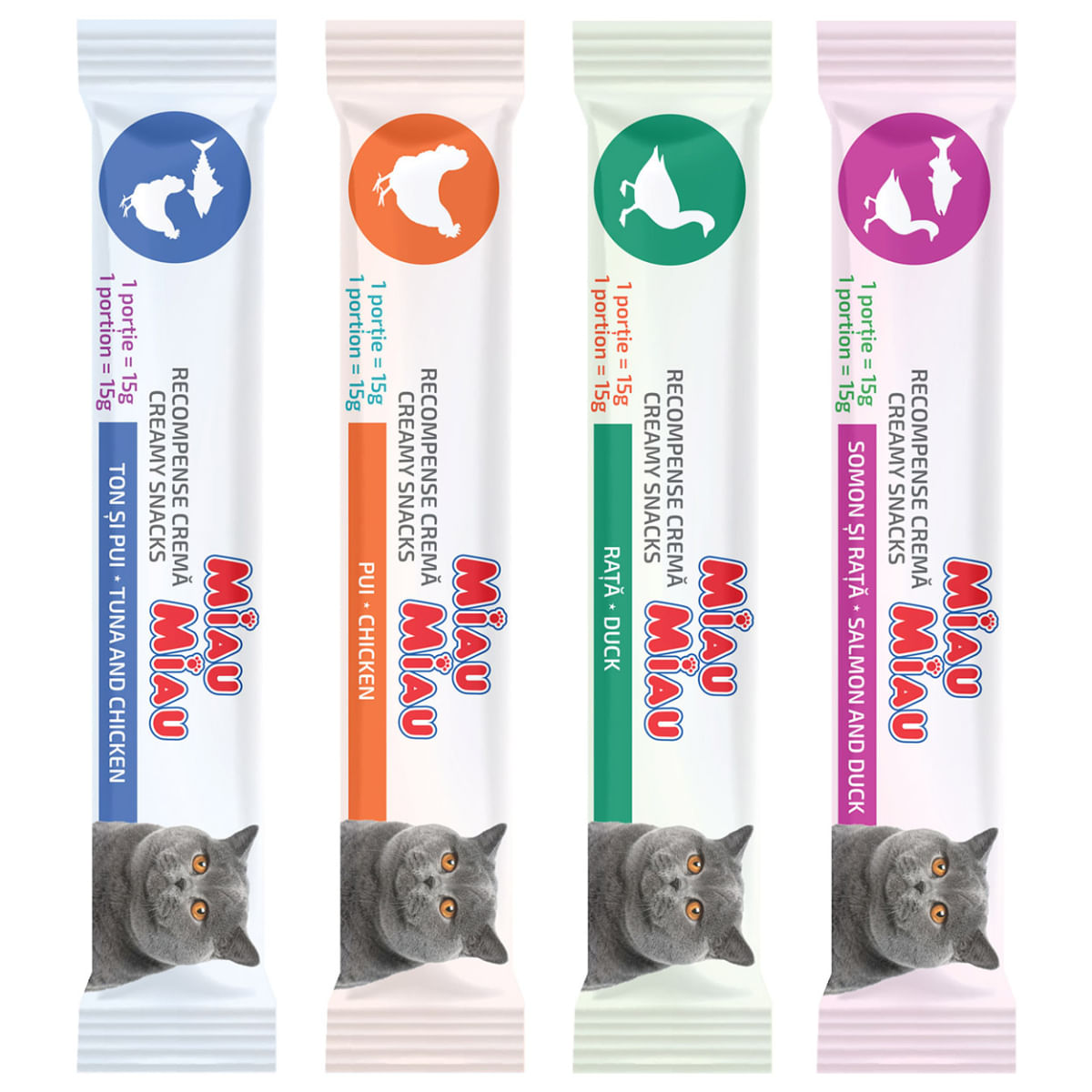 MIAU MIAU Creamy Snacks Mix Ton, Pui, Somon și Rață, recompense fără cereale pisici, (piure), 60g - 2 | YEO