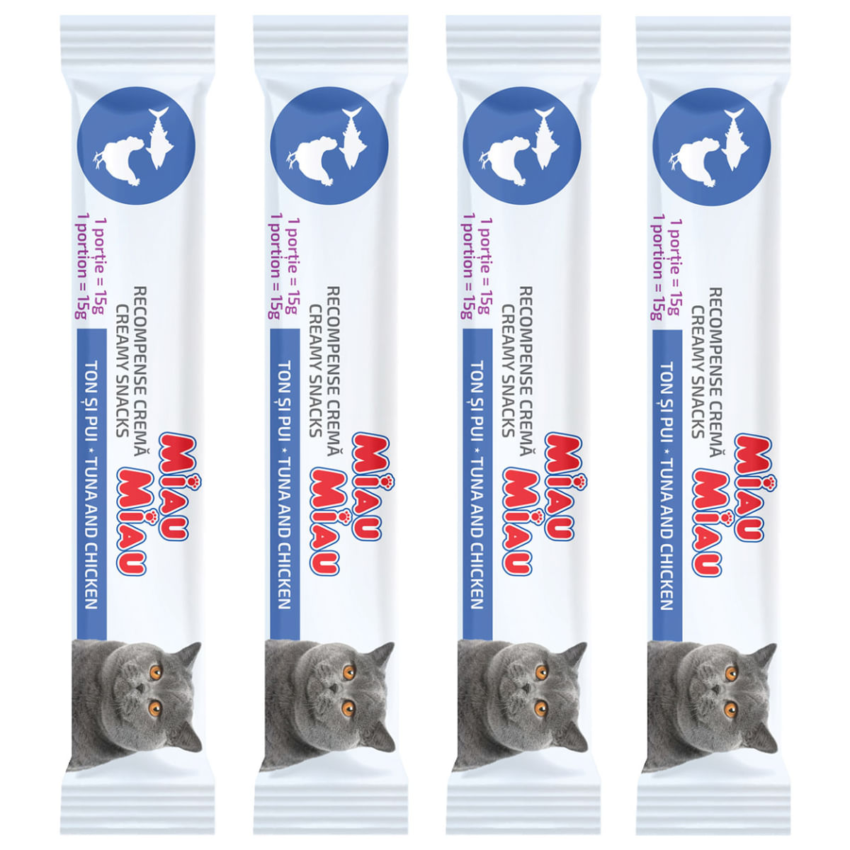 MIAU MIAU Creamy Snacks, Ton și Pui, recompense fără cereale pisici, (piure), 60g