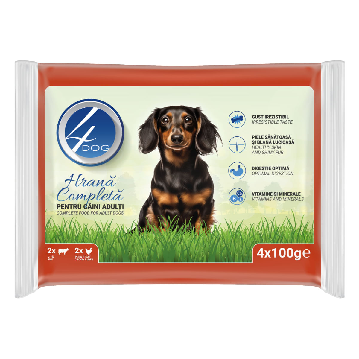 4DOG Mixt, XS-XL, Pui și Vită, plic hrană umedă câini, (în sos), multipack, 100g x 4buc - 1 | YEO