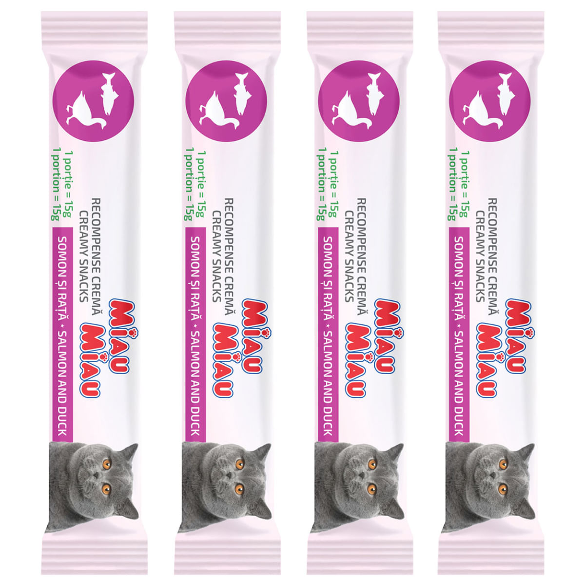 MIAU MIAU Creamy Snacks, Somon și Rață, recompense fără cereale pisici, (piure), 60g