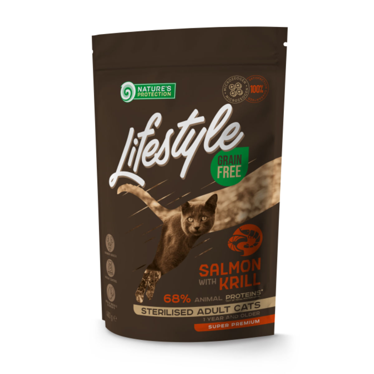 NATURES PROTECTION Lifestyle Sterilised, Somon și Krill, hrană uscată fără cereale pisici sterilizate, 400g
