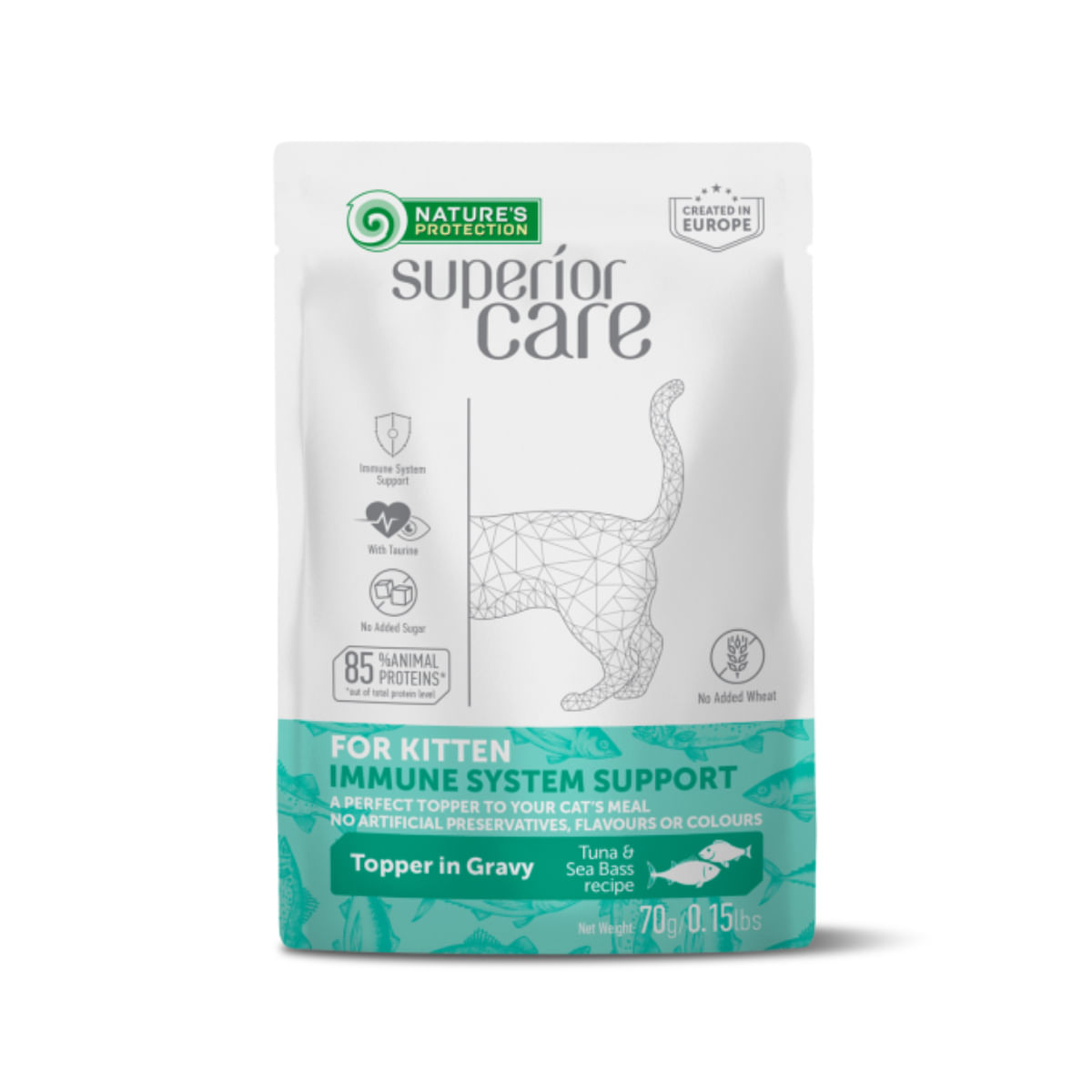 NATURES PROTECTION Superior Care Immune System, Ton și Șalău, plic hrană umedă pisici junior, sistem imunitar, (topping), 70g
