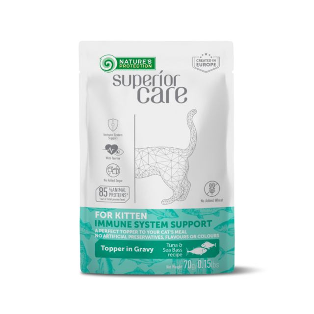 NATURES PROTECTION Superior Care Immune System, Ton și Șalău, plic hrană umedă pisici junior, sistem imunitar, (topping), 70g