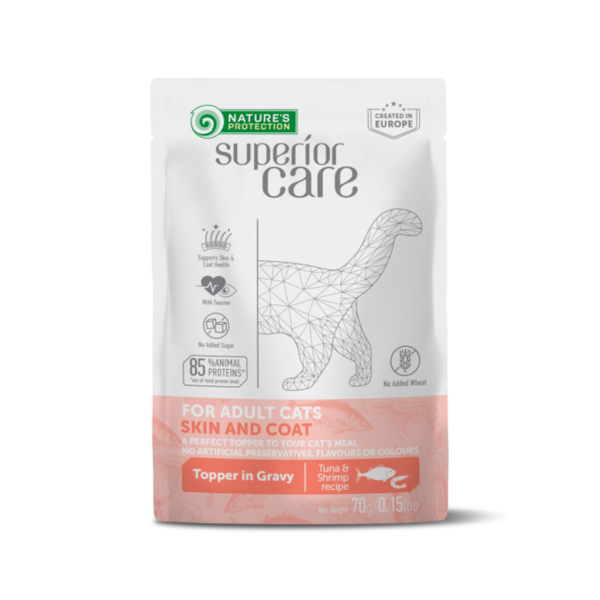 NATURES PROTECTION Superior Care Skin & Coat, Ton și Creveți, plic hrană umedă pisici, piele & blană, (topping), 70g - 1 | YEO